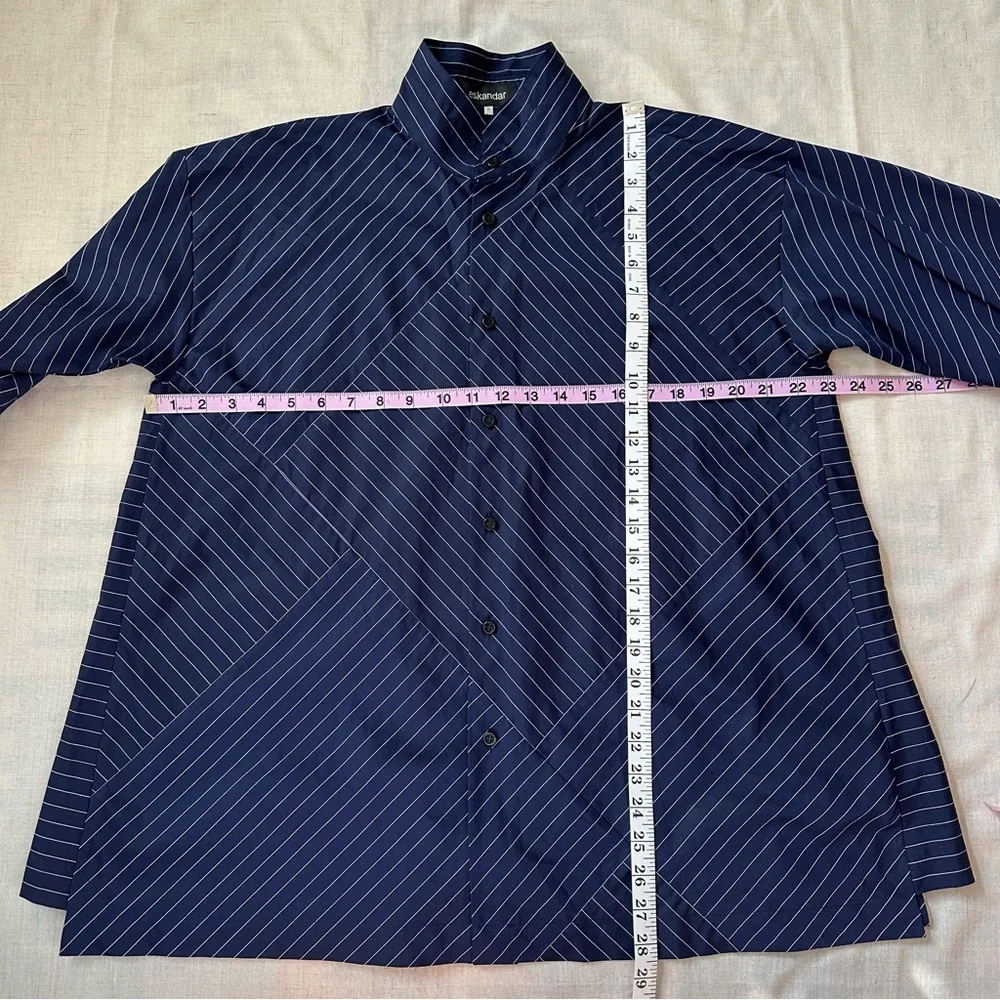 Eskandar Double Stand Collar Botton Shirt Navy Stripe Patchwork Cotton Luxury - Picture 11 of 13